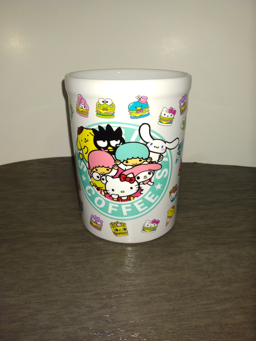 Sanrio White Coffee Cup with Pastel Blue, Pink, Yellow and Green Characters